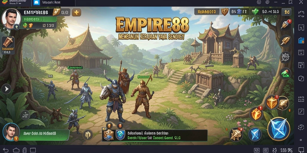 Screenshot gameplay EMPIRE88 menunjukkan pertempuran dan pembangunan kerajaan yang dinamis.