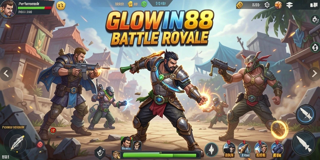 Tangkapan layar utama GLOWIN88 menampilkan aksi seru dalam Battle Royale.