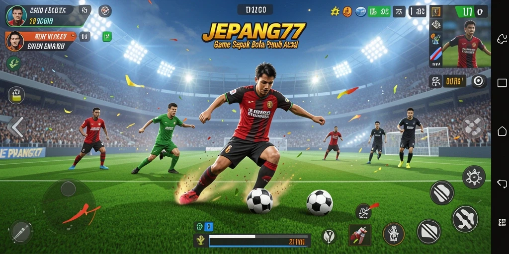 Tangkapan layar dari gameplay JEPANG77 yang menampilkan pertandingan sepak bola yang mendebarkan.