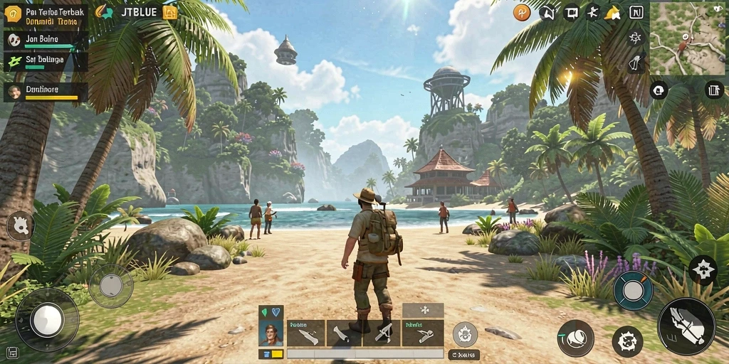 Screenshot menunjukkan pemain menjelajahi landscape indah di JTBLUE.