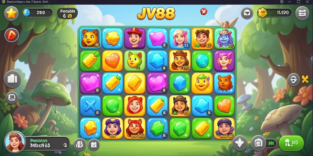 Screenshot gameplay JV88 menampilkan aksi mencocokkan elemen Match-3.