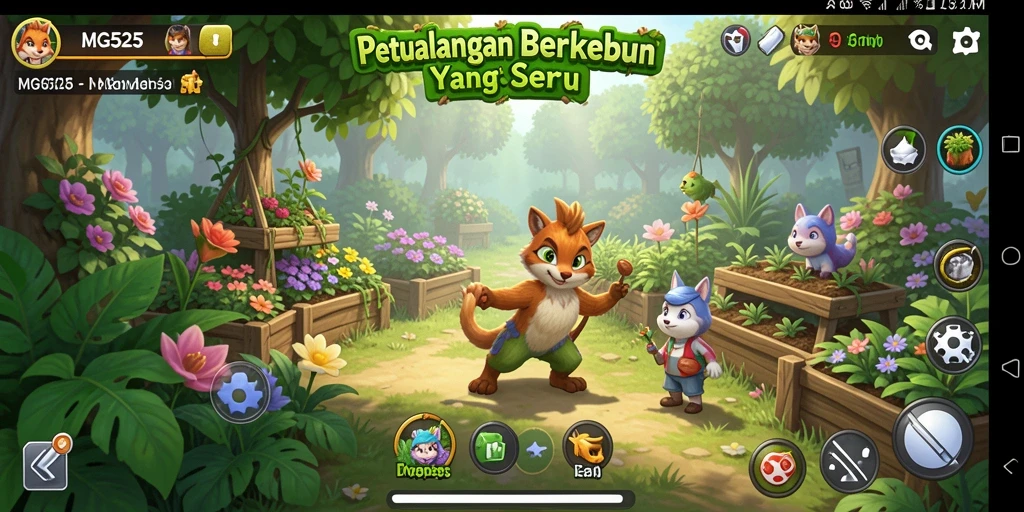 Tangkapan layar gameplay MG525 menampilkan aktivitas berkebun yang menyenangkan.