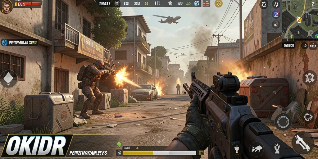 Screenshot utama OKIDR menampilkan aksi pertempuran yang menegangkan dari perspektif FPS.