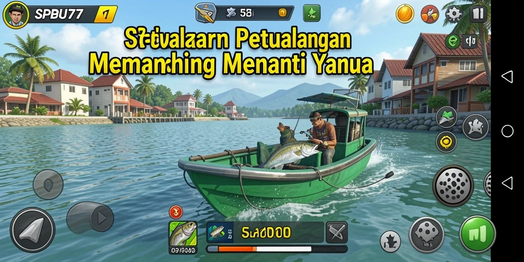 Screenshot gameplay SPBU77 dengan ikan-ikan berwarna cerah dan pemandangan indah.
