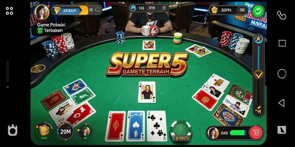 Tampilan dalam game SUPER5 dengan suasana poker yang mendebarkan.